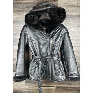 Wilson's 100% Leather Faux Fur‎ Lined Women's Hooded Zip Jacket Black Sz Medium